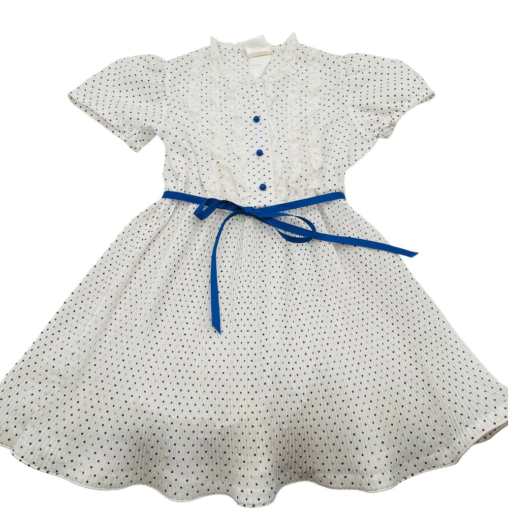 Vintage Ann Marilyn Dress White Blue Polka Dot Lace Trim Girls 6X Cottagecore